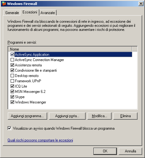 Eccezioni Windows Firewall